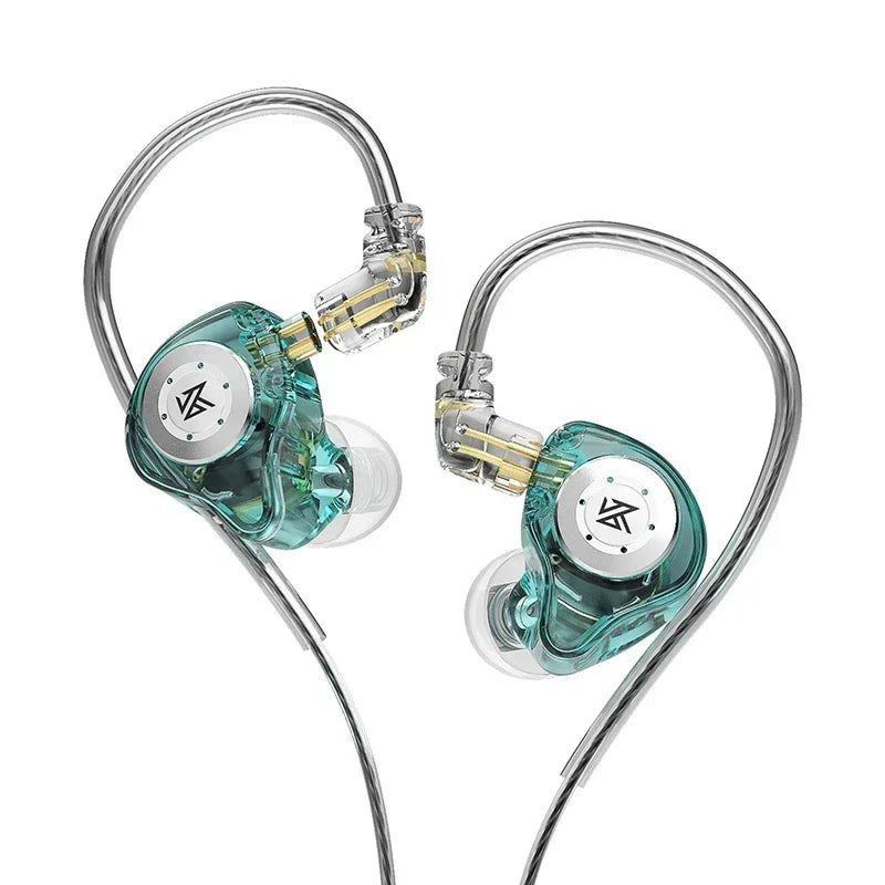 Transparent teal kZ edx pro dynamic earphones hifi with silver ear hooks and sport noise cancelling for active use