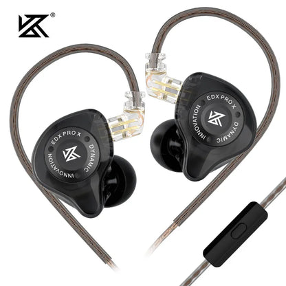 Black KZ EDX PRO X dynamic in-ear monitors with transparent drivers and braided cable for earbud DJ sport use