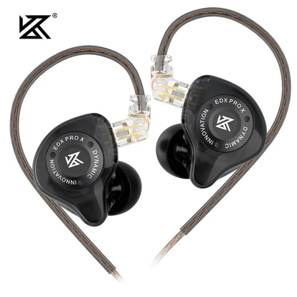 Black kz edx pro x dynamic in-ear monitors with transparent cable connectors designed for earbud dj sport use and music cancelling headsets