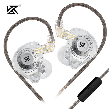 Clear transparent kz edx pro x dynamic in-ear headphones with silver branding and braided gray cable for earbud dj sport use