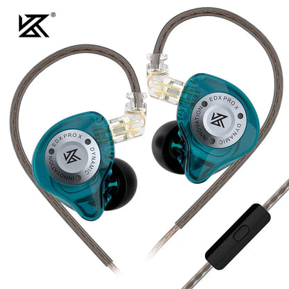 Teal translucent plastic kz edx pro x dynamic in-ear monitors with silver branding and black silicone ear tips for earbud dj sport use