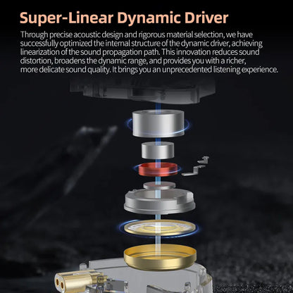 Super-linear pro x dynamic driver with layered silver red and gold metallic components for earbud dj sport use