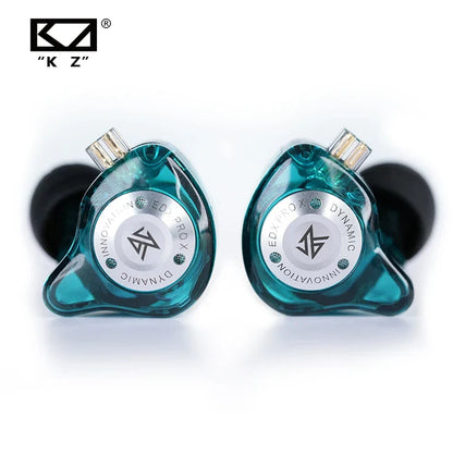 Teal translucent kz edx pro x dynamic earbud dj sport with silver branding and gold-plated connectors music cancelling headsets