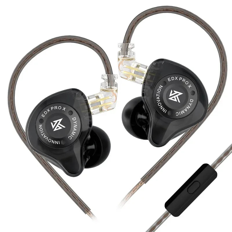 Black kZ edx pro x dynamic earphone hifi bass with transparent tips and braided cables for sport music cancelling use