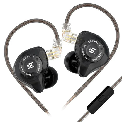 Black kZ edx pro x dynamic earphone hifi bass with transparent tips and braided cables for sport music cancelling use