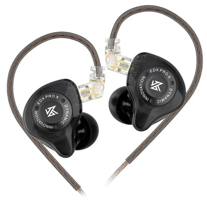 Black KZ edx pro x dynamic earphone hifi bass with transparent cable connectors and ergonomic design for sport music cancelling