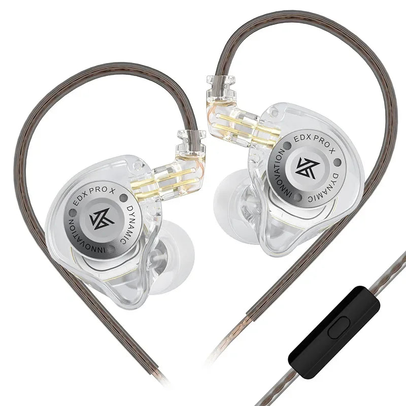 Clear plastic kZ edx pro x earphone hifi bass with silver branding and black inline control for sport music cancelling