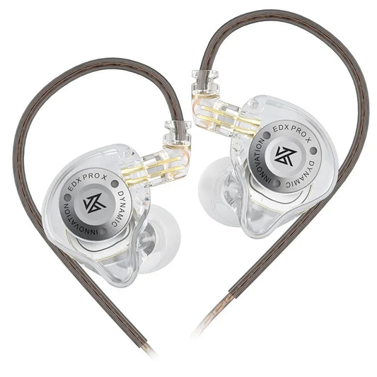 Clear transparent kz edx pro x dynamic earphone hifi bass with silver branding and braided gray cables for sport music cancelling
