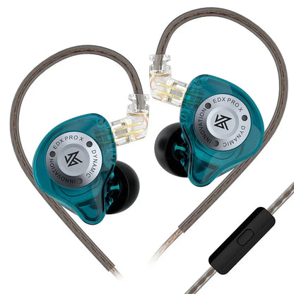 Transparent teal kz edx pro x earphone hifi bass with silver branding and black tips for sport music cancelling use