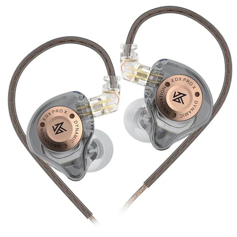 Clear transparent kZ EDX PRO X earphone hifi bass with rose gold accents designed for sport music cancelling use
