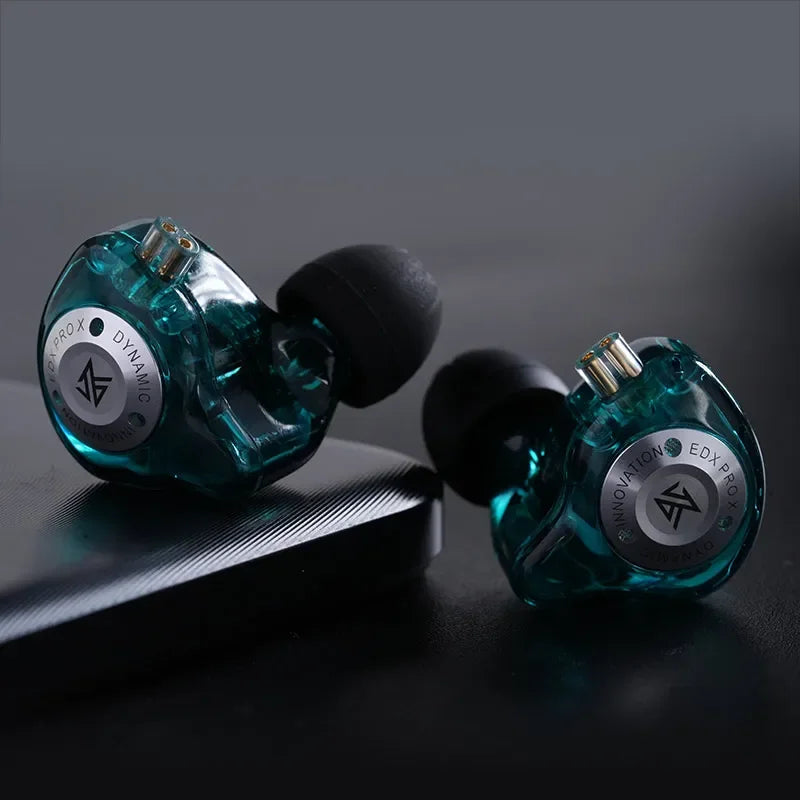Teal transparent kZ EDX PRO X earphone hifi bass with black silicone tips and silver branding for sport music cancelling use