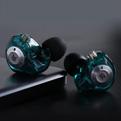 Teal transparent kZ EDX PRO X earphone hifi bass with black silicone tips and silver branding for sport music cancelling use
