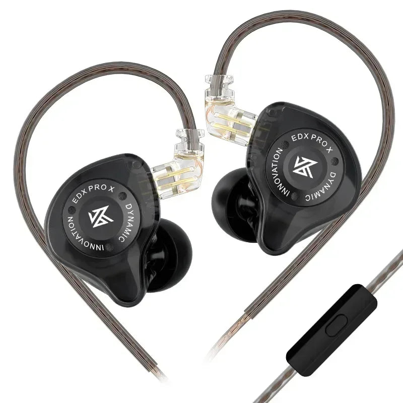 Black edx pro x dynamic drive earphones with transparent 2pin cable connectors designed for music cancelling sport use