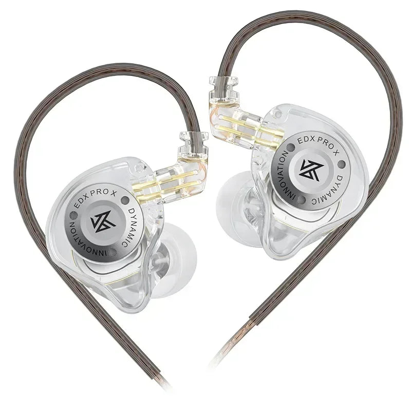Clear transparent KZ EDX PRO X dynamic drive earphones with silver branding and braided gray cables for music cancelling sport use