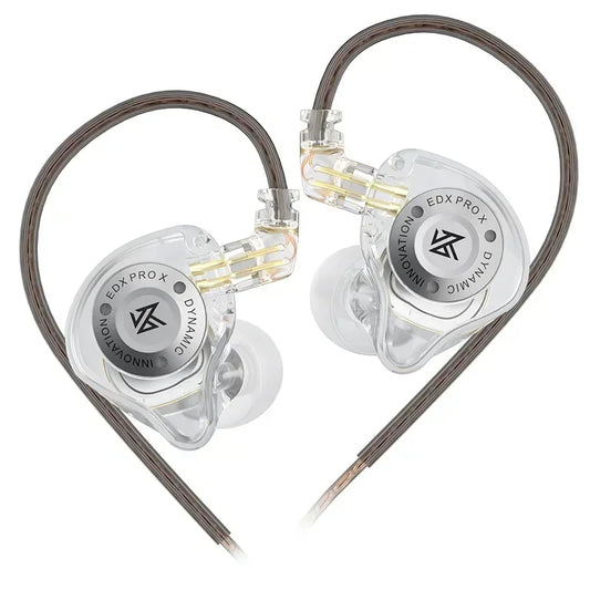 Clear transparent KZ EDX PRO X dynamic drive earphones with silver branding and braided gray cables for music cancelling sport use