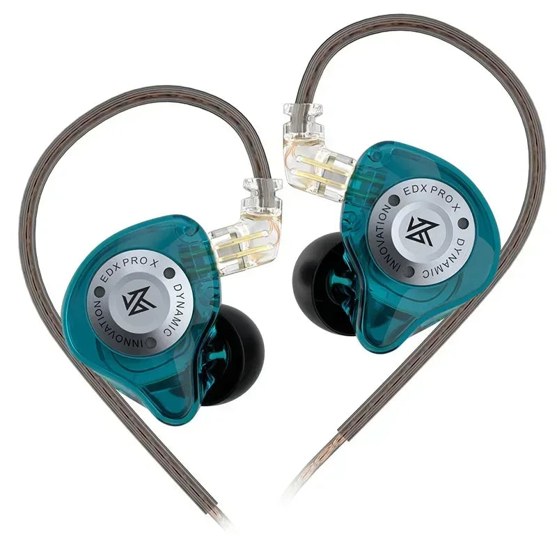 Teal translucent plastic kznpro x dynamic drive earphones with silver branding and black silicone tips for music cancelling sport