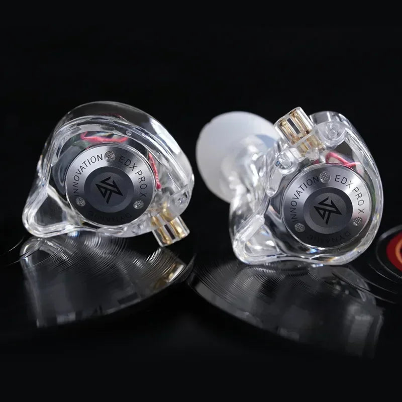 Clear plastic dynamic drive earphones with gold-plated connectors and innovation edx pro x logo for music cancelling sport use
