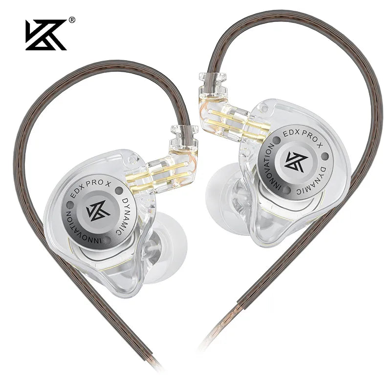 Clear transparent kZ EDX PRO X IEM earphones with silver accents featuring dynamic drive HiFi and music noise cancelling design