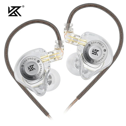 Clear transparent kZ EDX PRO X IEM earphones with silver accents featuring dynamic drive HiFi and music noise cancelling design