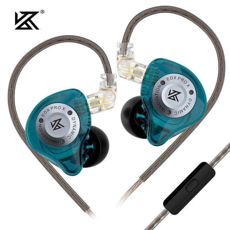 Teal translucent KZ EDX PRO X IEM earphones with silver branding black silicone tips dynamic drive HiFi music noise cancelling