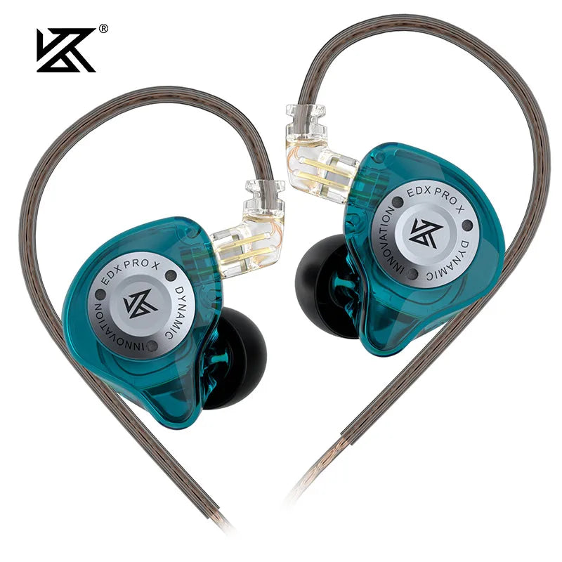 Teal translucent edx pro x iem earphones with silver branding black silicone tips dynamic drive hifi music noise cancelling