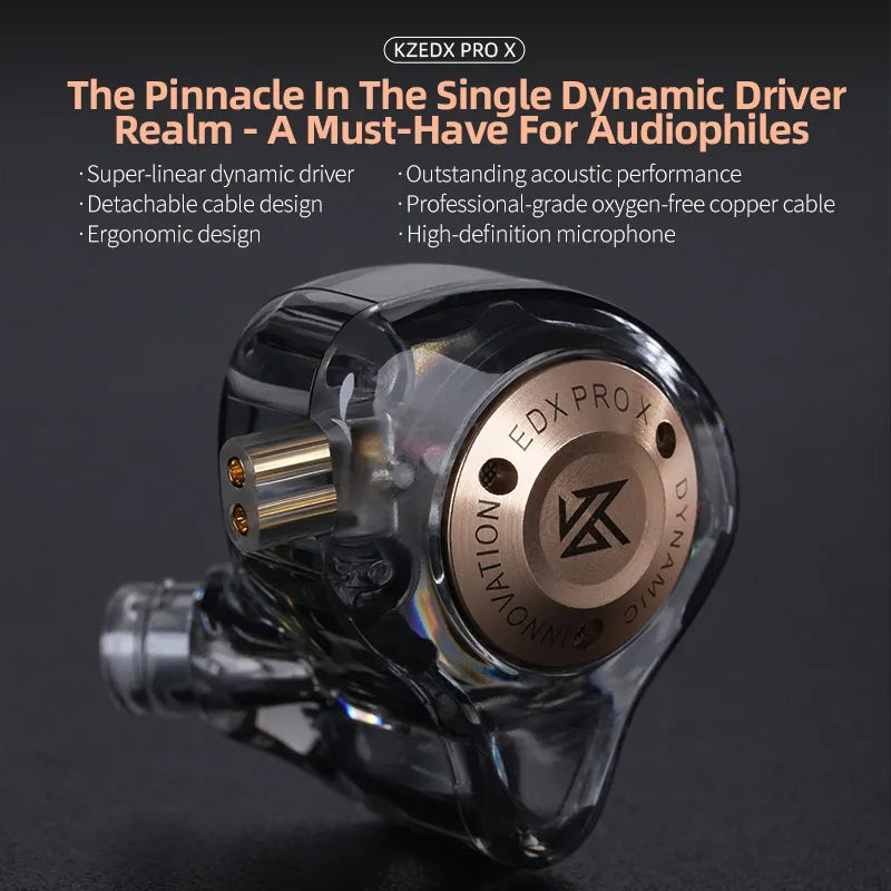 Clear transparent kzedx pro x iem earphones with rose gold accent plate featuring dynamic drive hifi music noise cancelling