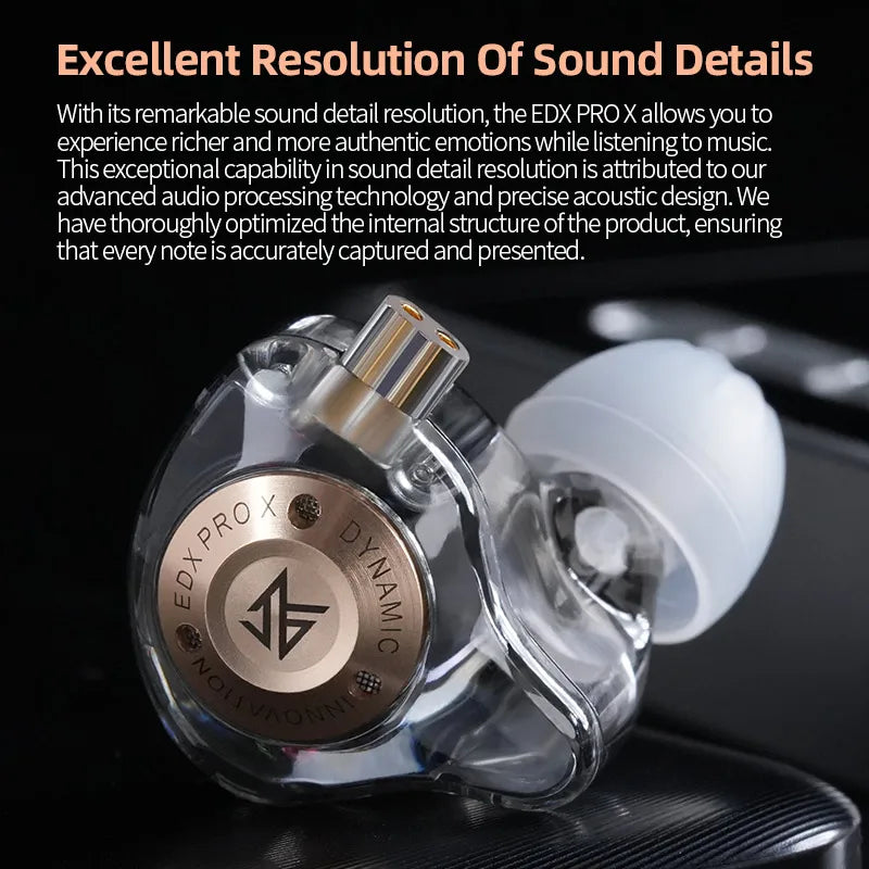 Clear transparent KZ edx pro x iem earphones with gold accents white silicone tip dynamic drive hifi music noise cancelling