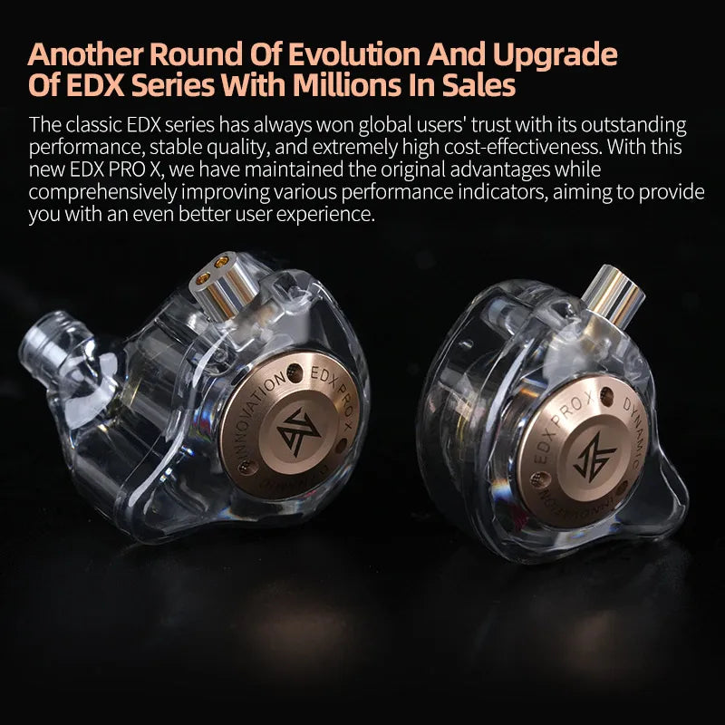 Clear plastic kz edx pro x iem earphones with gold branding and metallic accents featuring dynamic drive hifi and music noise cancelling