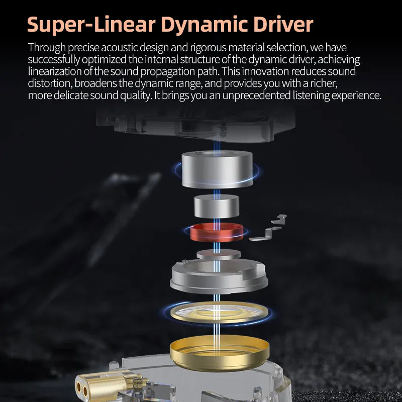 Super-linear dynamic driver with layered silver red and gold metallic components in kz edx pro x iem dynamic drive hifi headset for music noise cancelling