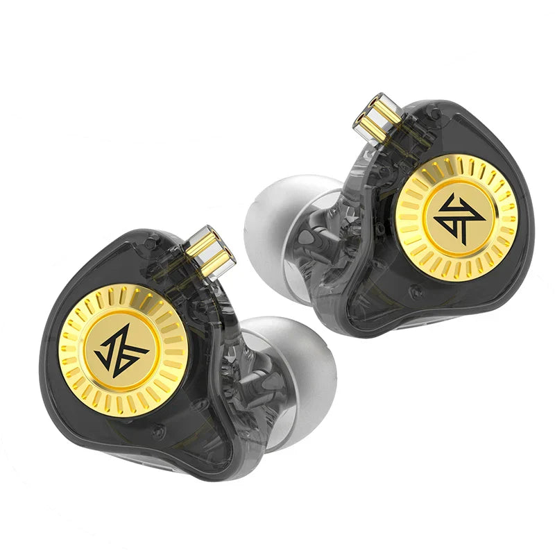 Black and gold inlayed KZ EDX Ultra HiFi transparent in-ear monitors for game noise cancelling and monitor music sport use