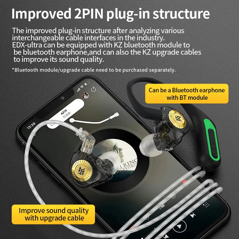 Clear transparent edx ultra hifi in-ear headphones with gold logo and black silicone ear hooks for game noise cancelling and sport use