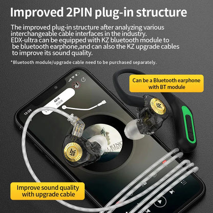 Clear transparent edx ultra hifi in-ear headphones with gold logo and black silicone ear hooks for game noise cancelling and sport use