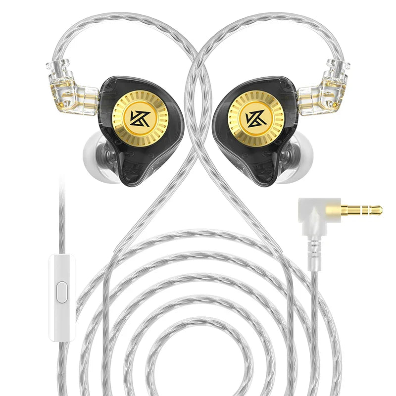 Edx ultra hifi black and gold inlayed earphones with transparent housing, silver braided cable, and game noise cancelling features