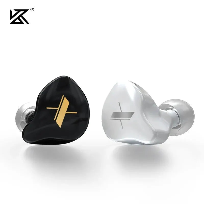 A pair of sleek heart-shaped kz edx wired earphones with microphone dynamic hifi and bass music earbuds in black gold and silver
