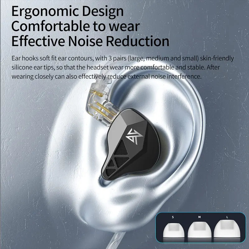 Black and silver inlayed kz edxs metal wired ear monitor headphones with noise cancelling headset for music sport noise