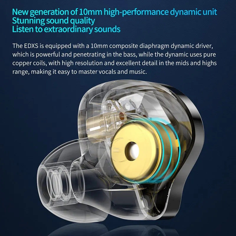 Clear transparent housing of kz edxs metal wired ear monitor headphones with gold dynamic driver for music sport noise