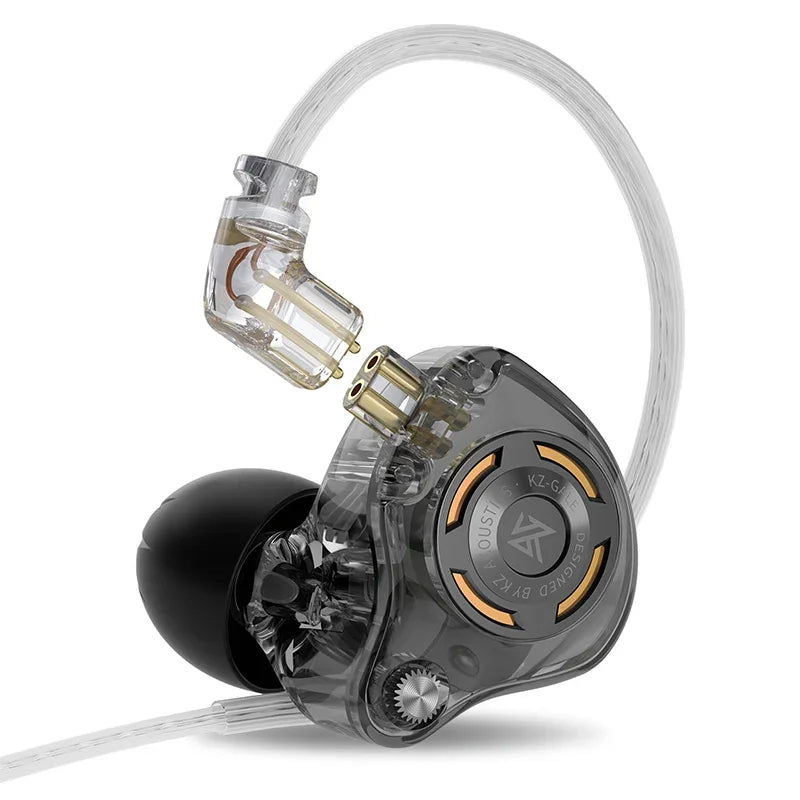 Clear transparent gale earphone hifi with black silicone ear tip and gold accents featuring dynamic driver detachable design