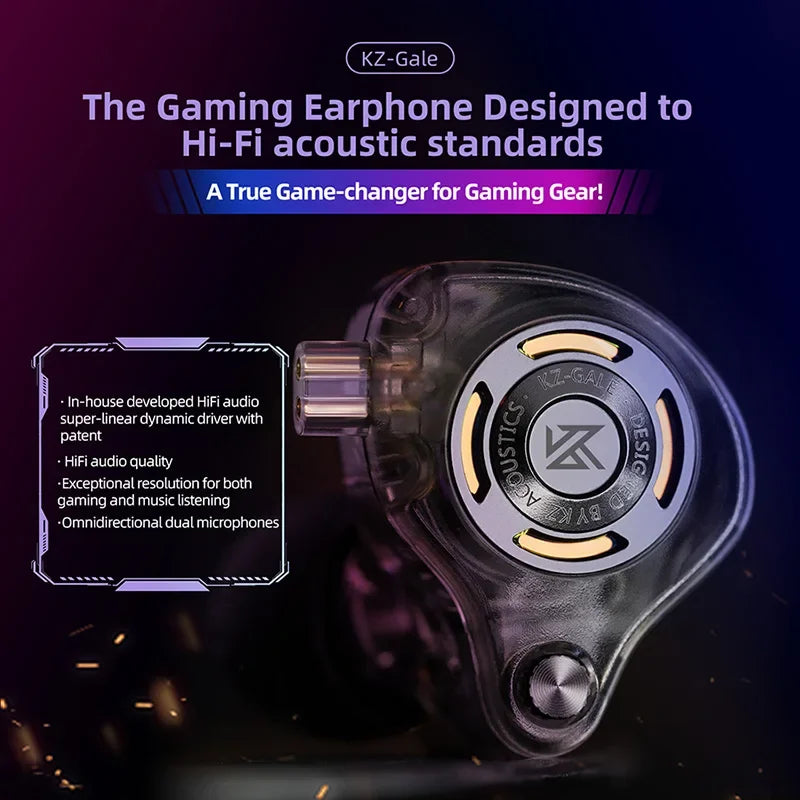 Clear transparent kz gale earphone hifi bass earbud gaming with metallic silver accent and gold trim dynamic driver detachable design