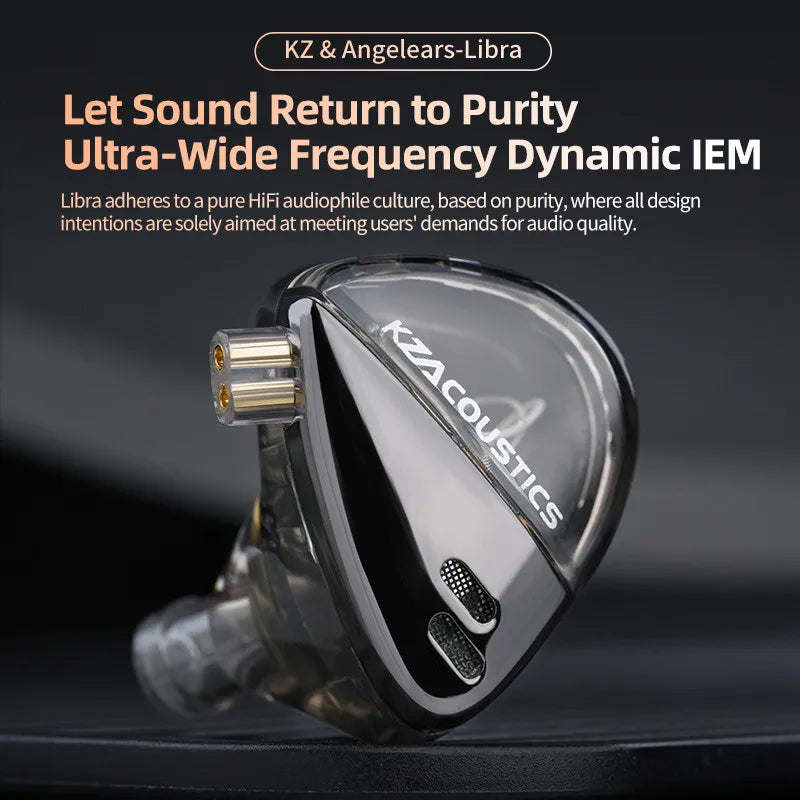 Clear transparent kz acoustics libra high resolution wired earphones with metallic finish and gold-plated wide frequency iem connector