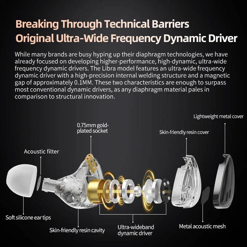 KZ Libra high resolution wired earphones with transparent resin body, gold-plated components, and wide frequency IEM design