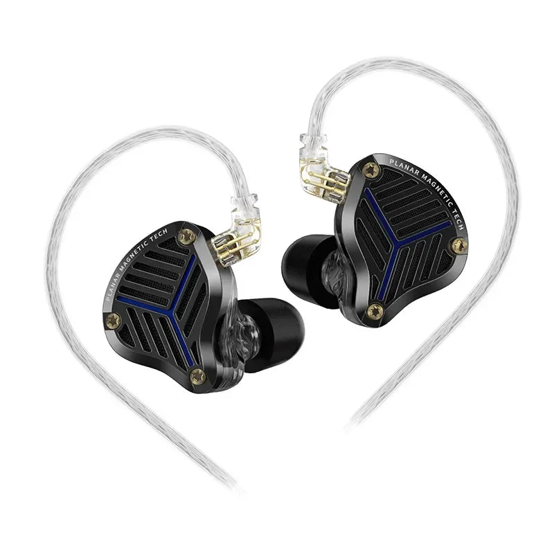 Black kz prx fourth-generation planar diaphragm earphone with geometric ribbed design and blue accents for hifi bass monitoring