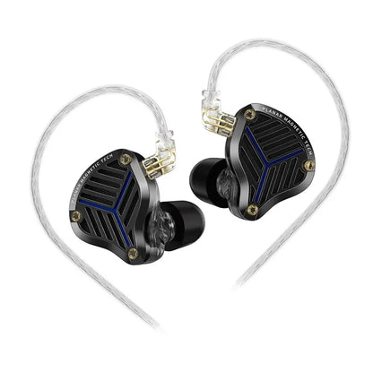 Black kz prx fourth-generation planar diaphragm earphone with geometric ribbed design and blue accents for hifi bass monitoring