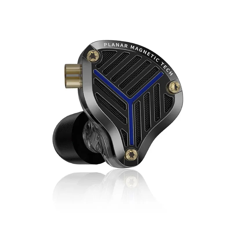 Black and blue kz prx fourth-generation planar diaphragm earphone with sleek angular design and gold-colored screws