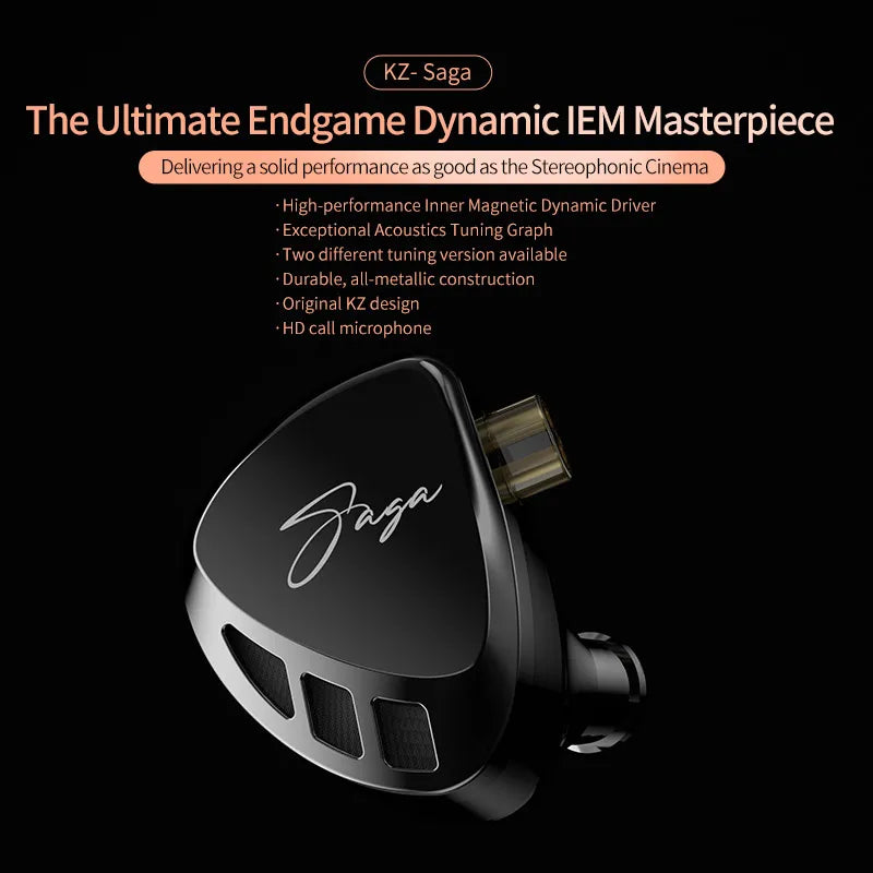 Black kz saga in-ear tuning music headphones with sleek metallic finish bass earbuds sport gaming headset 2pins cable
