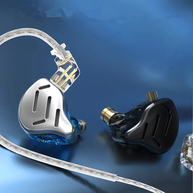 Silver and black kz zax earphones metal hifi with transparent cable and sleek metallic finish for music sport use