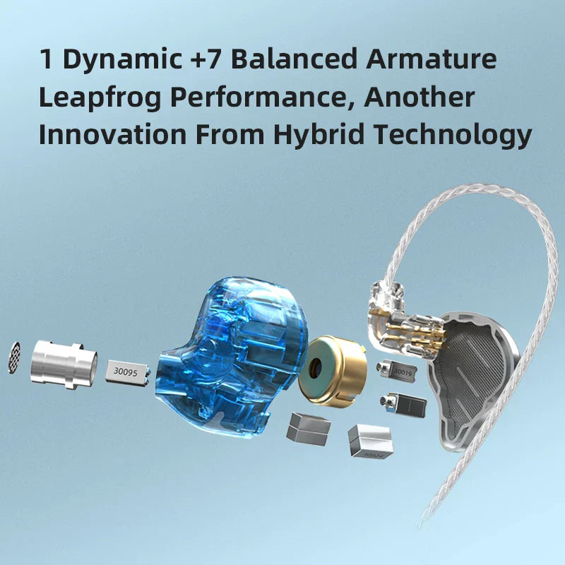 Transparent blue and silver kZ ZAX hybrid in-ear earphones metal hifi headset music sport with gold accents and dynamic driver