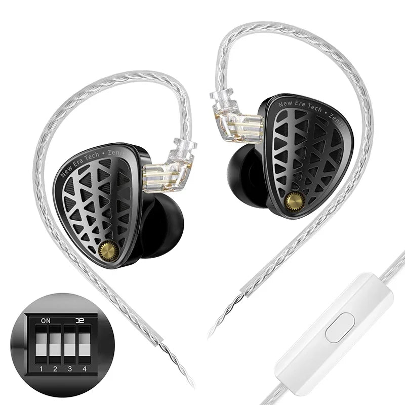 Black and transparent new era zenith earphones dynamic with adjustable tuning iem and braided silver earbuds dj monitoring cable