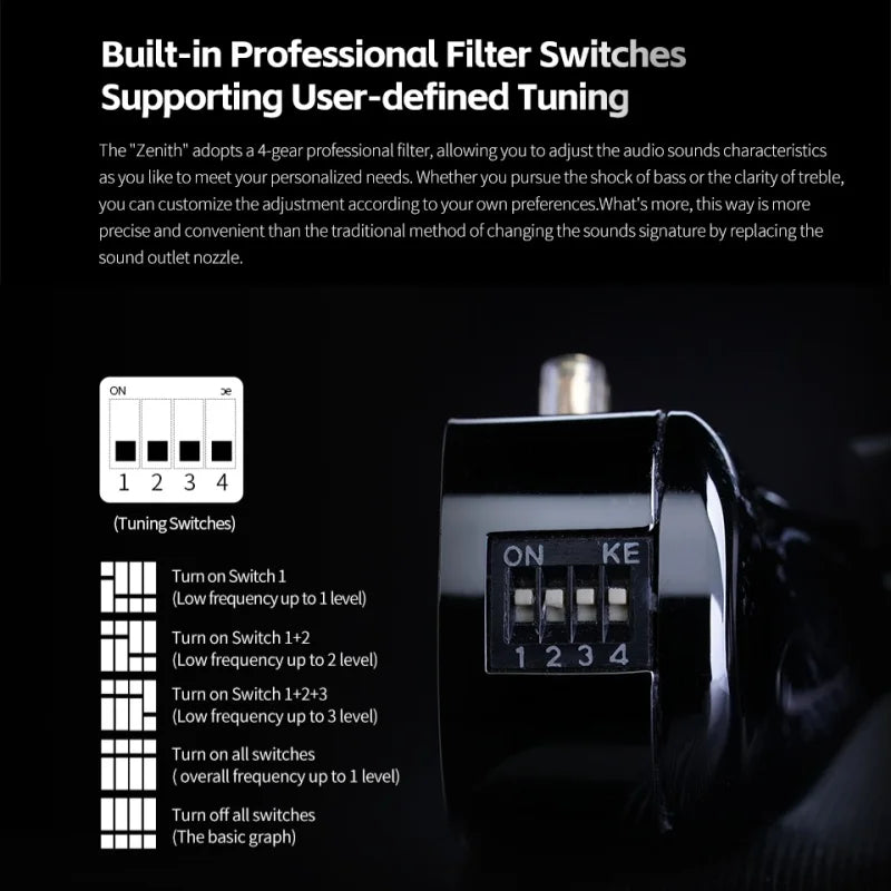 Black zenith earphones dynamic audio filter switch with four tactile toggle positions for adjustable tuning iem bass treble control
