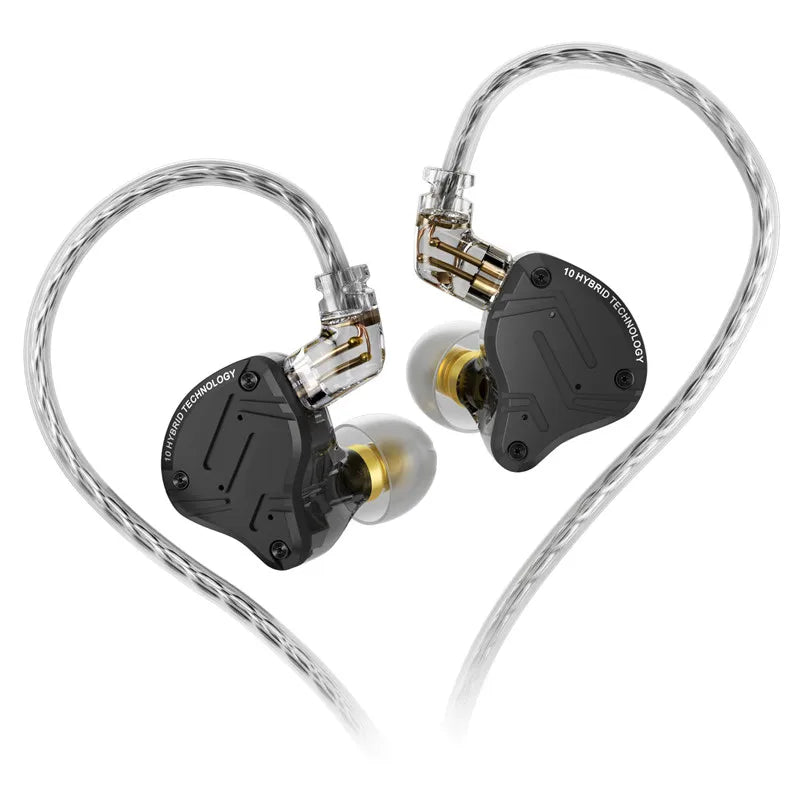 Black and gold inlayed KZ ZS10 Pro wired earphones with transparent braided cables headphones hifi bass monitor earbuds sport