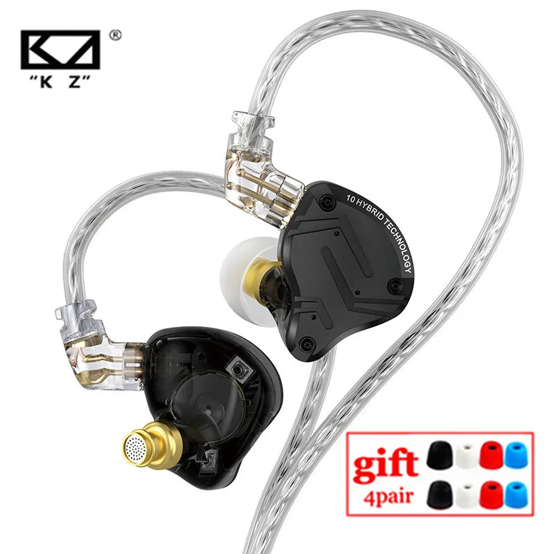 Black kz zs10 pro in-ear wired headphones hifi bass with gold-plated connectors and transparent braided cables for sport